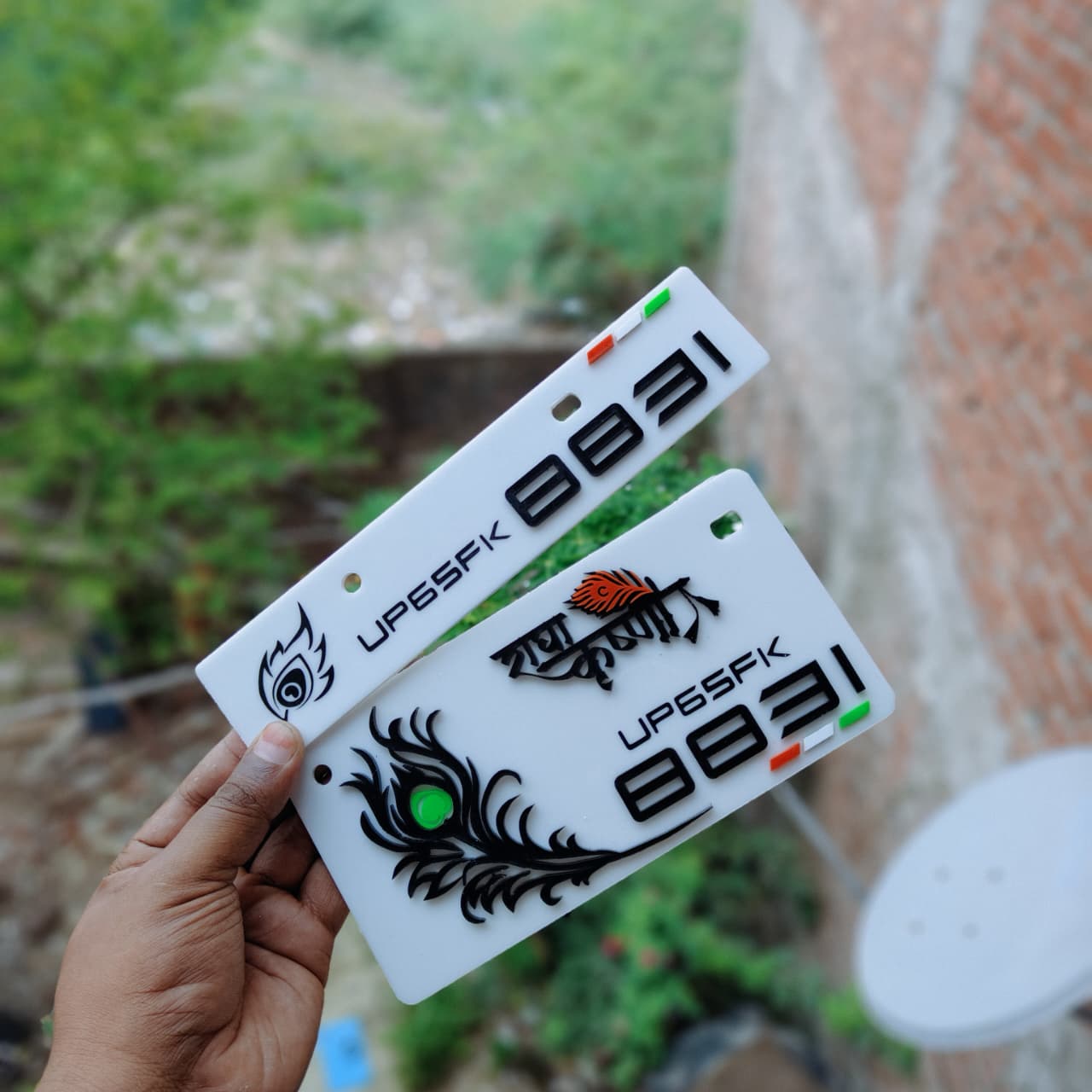 Premium 3D Radhe Krishna Stylish Bike Plate | White